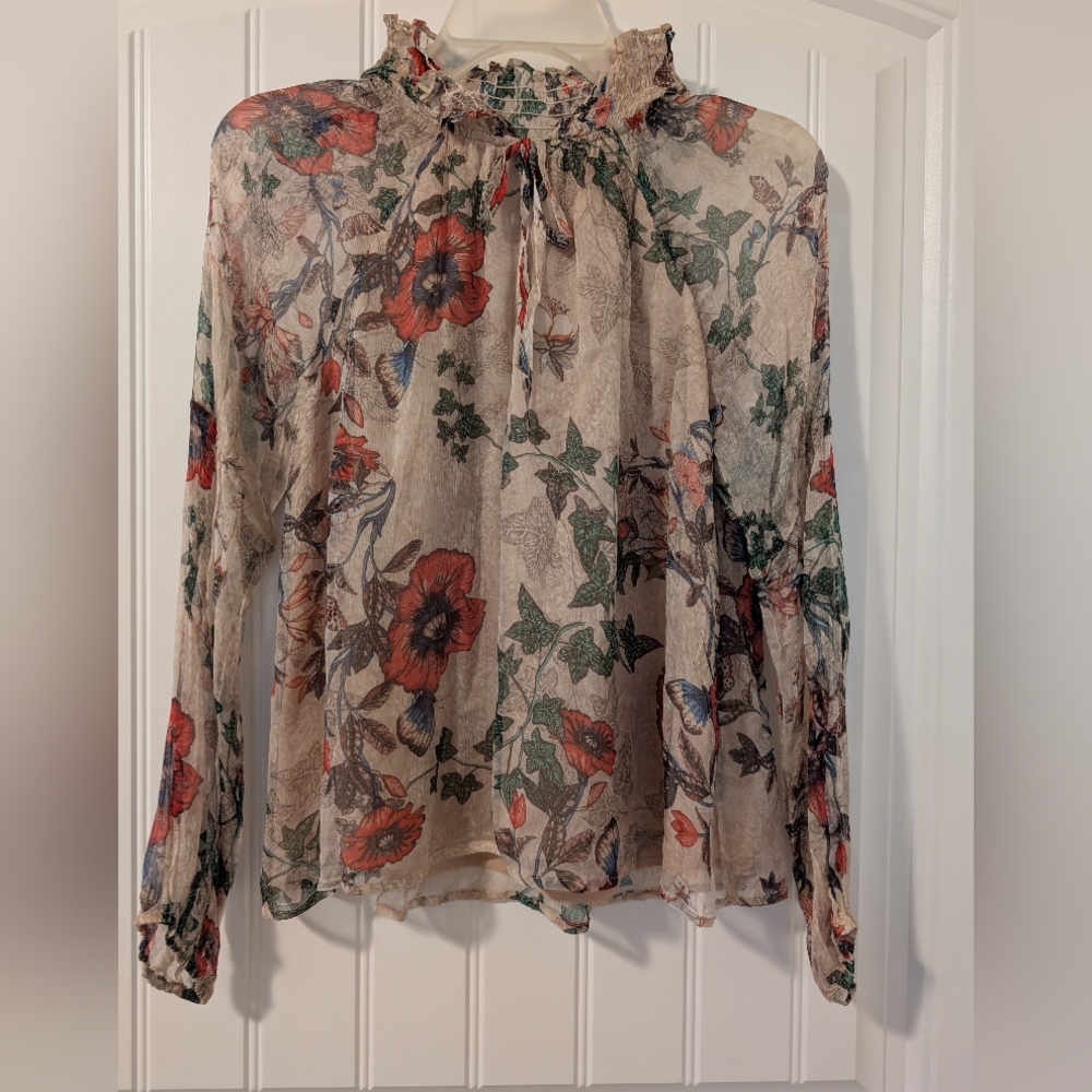 Vici Cream and Pink Ruffled Tie Front Blouse